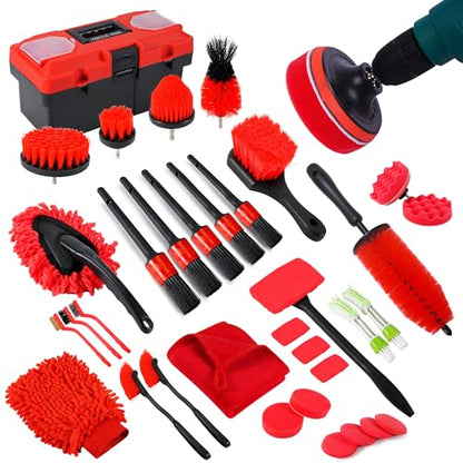 35Pcs Car Detailing Kit & Car Cleaning Kit, B：35PCS-R | Windshield Tool, Long Wheel Brush & 2 Angled Brushes, 4 Polishing Pads & 4 Wax Pads, Red Tool Box, Gift for Men