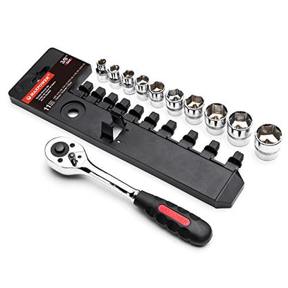 MAXPOWER 11-Piece 3/8" Ratcheting Socket Wrench Set Quick Release Reversible Ratchet Handle and Swappable Spanners Imperial Inch Sockets with Hanging Rack - color: Sae 3/8" Drive