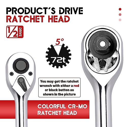 1/2 Inch Drive Ratchet Wrench, 1/2 Ratchet Wrench Long Handle, Socket Wrench, 72-Tooth Quick-release Reversible Cr-Mo Head, Chrome Steel Made - 15''38cm - size: 1/2" Standard Ratchet - 15 inch