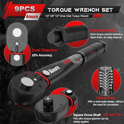 Torque Wrench Set 9PCS, 1/4" 3/8" 1/2" Drive Click Torque Wrench, 72 Tooth Dual-Direction Adjustable, Dual Scale, ±3% Accuracy, for Bicycle, Motorcycle, Automotive Repair and Maintenance