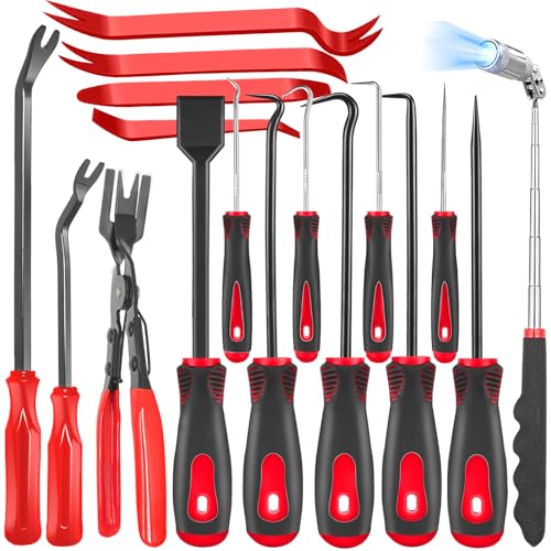 DOAHO 17Pcs Mechanic Hook and Pick Tool Set & Car Trim Removal Kit with Fastener Clip Pliers,Rivet Puller,Magnetic Pickup,Gasket Scraper,Non-Scratch Plastic Pry Tools for Automotive Repair-Red - color: Red-17 Pcs Auto Pick and Hook Set