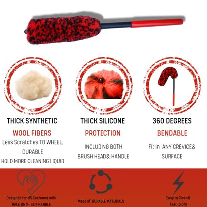 oesee Professional 4 Pack Long Handle Wheel Brush Kit for Cleaning Wheel and Tire- 2X Soft Wheel Cleaning Brush, Detailing Brush and Stiff Tire Brush, Bendable& Durable Wheel Rim Cleaner Brush Set - color: 4 Pack (Red & Black)