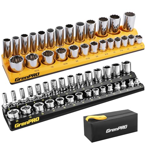 Socket Organizer, GRENPRO Socket Holder Set, 2 Piece SAE & Metric Socket Trays Includes 3/8" Drive Holds 52 Sockets - style: 2-Piece Magnetic Socket Holder 3/8"