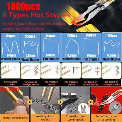 Upgraded 220W Plastic Welder, 2 in 1 Plastic Welding Repair Welder Kit 1000PCS Hot Stapler Soldering Gun with 100PCS Plastics Welding Rods Car Bumper Repair Kit for Most Plastics(Black) - color: Black