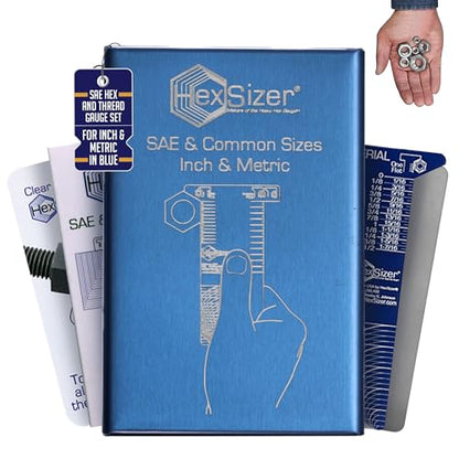 HexSizer 6-in-1 SAE Hex & Allen Wrench Gauge Set, Inch & Metric | Allen wrench, nut, bolt, stud & thread pitch gauge; compact aluminum; ideal for auto & DIY mechanics