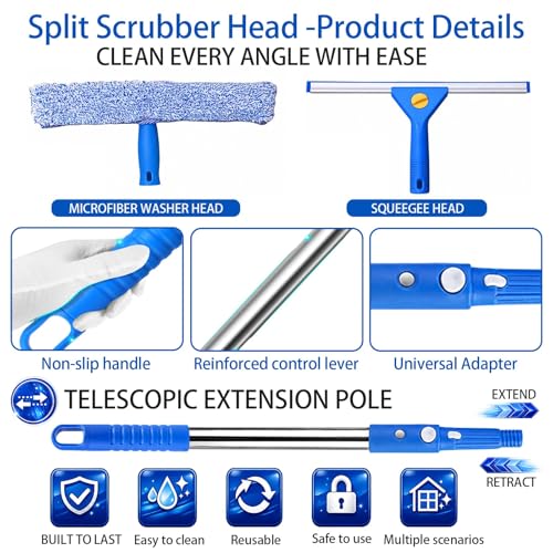 82'' Professional Squeegee Window Cleaner Tool with Extension Pole, Car Windshield Cleaning Kit with Long Handle, Window Washing Equipment for Indoor Outdoor Windows & Car Glass
