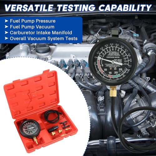 Fuel Pump and Vacuum Tester Gauge (Red) | Vacuum and Fuel Pump Tester Gauge Kit Carburetor Pressure Fuel Pressure Tester Kit Automotive Vacuum Gauge - color: Red