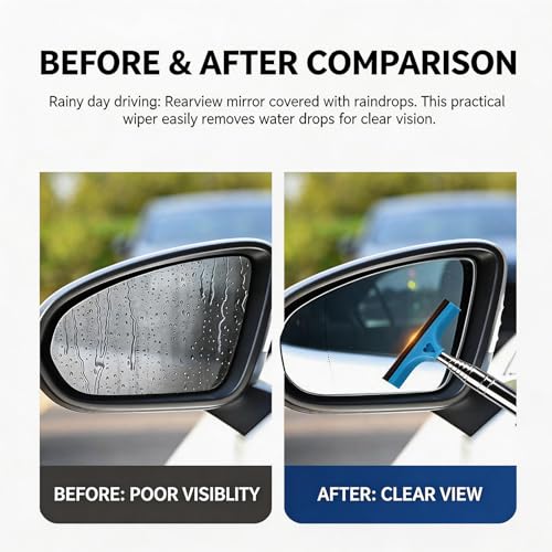 4 Pack All-Purpose Car Rearview Side Mirror Squeegee with Retractable Handle for Car Windshield, Tile Walls, Bathroom, Window, Glass, Mini Portable Car Cleaning Tool for Rainy Foggy Weather