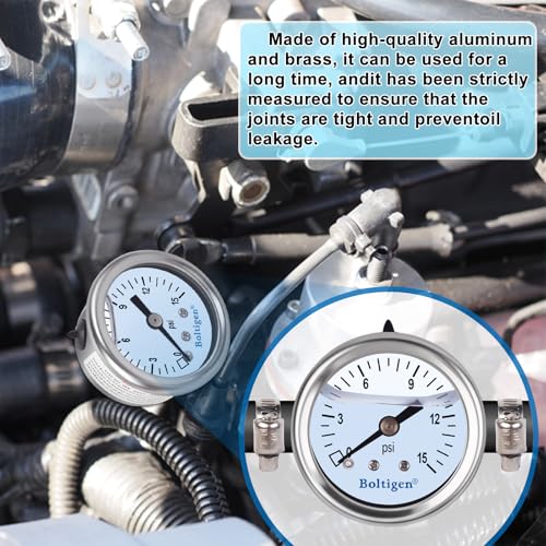 Boltigen Fuel Pressure Gauge, 0-15psi Fuel Pressure Gauge Kit, Glycerin Filled Fuel Pressure Regulator with Gauge for Car, 1/8'' NPT Inline Fuel Pressure Guage with 3/8'' 5/16'' Barb - color: White