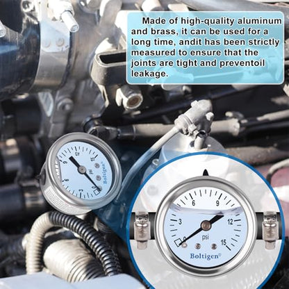 Boltigen Fuel Pressure Gauge, 0-15psi Fuel Pressure Gauge Kit, Glycerin Filled Fuel Pressure Regulator with Gauge for Car, 1/8'' NPT Inline Fuel Pressure Guage with 3/8'' 5/16'' Barb - color: White