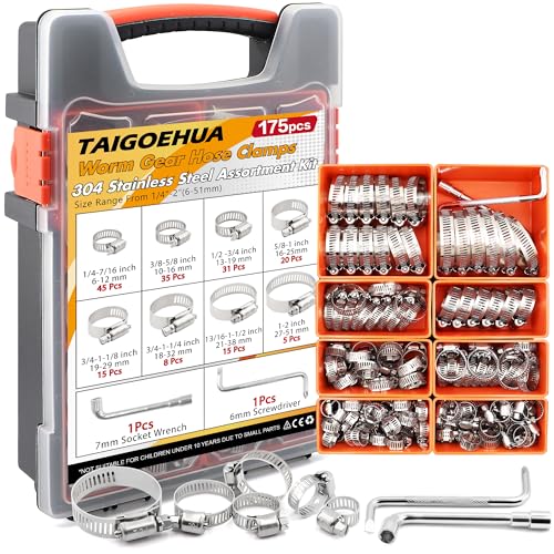 175PCS Stainless Steel Hose Clamps Assortment Kit, 304 Worm Gear Heavy Duty 1/4"-2"(6-51mm) Adjustable Clamps Set with 2 Tools, for Automotive Fuel Line Plumbing Pipe Radiator - size: 175 PCS