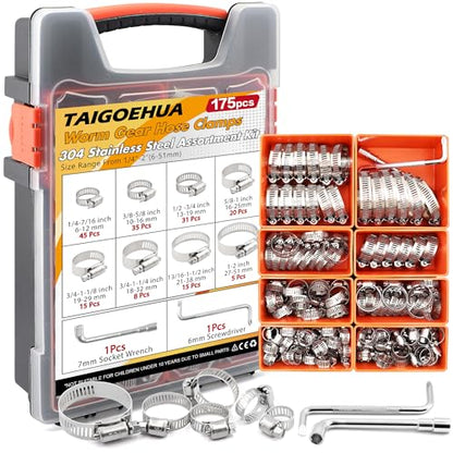 175PCS Stainless Steel Hose Clamps Assortment Kit, 304 Worm Gear Heavy Duty 1/4"-2"(6-51mm) Adjustable Clamps Set with 2 Tools, for Automotive Fuel Line Plumbing Pipe Radiator - size: 175 PCS