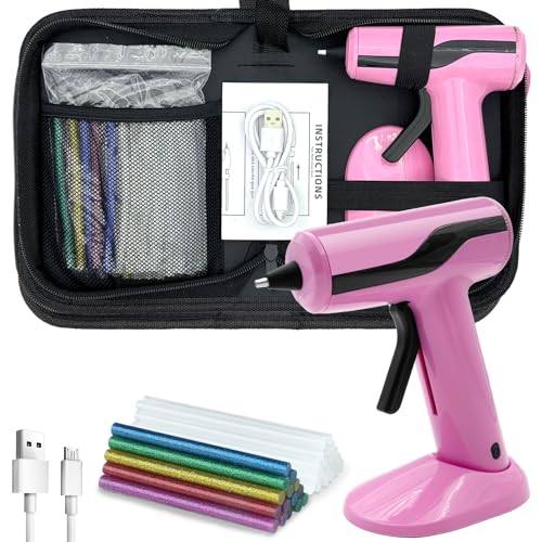 Liumai Cordless Hot Glue Gun Kit with 30pcs Mini Glue Sticks, USB Rechargeable Mini Glue Gun with Carrying Case, Stand-Up Base, Smart Power-Off Hot Melt Glue Gun for Crafting, Pink - color: Pink