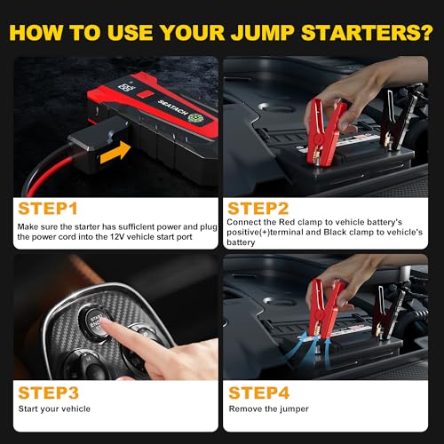 Scatach 3000A Car Battery Jump Starter,12V Jump Starter Battery Pack Portable (up to 9.0L Gasoline and 7.0L Diesel Engine), Jump Box with 3 Modes Flashlight and Jumper Cables - color: red