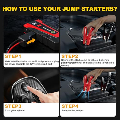 Scatach 3000A Car Battery Jump Starter,12V Jump Starter Battery Pack Portable (up to 9.0L Gasoline and 7.0L Diesel Engine), Jump Box with 3 Modes Flashlight and Jumper Cables - color: red