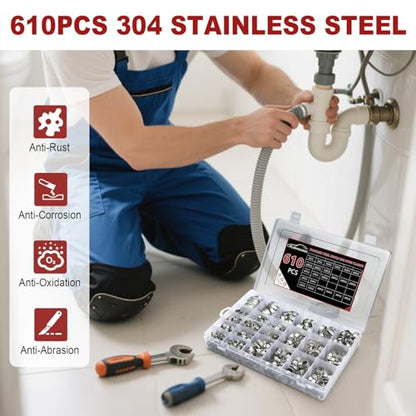 610PCS 23 Sizes Single Ear Hose Clamps, 5.3-33.1mm 304 Stainless Steel Ear Clamps, Stepless Adjustable Cinch Clamps for Automotive, Home Appliance Line and Plumbing - size: 5.3-33.1 mm, style: 610PCS 23SIZE