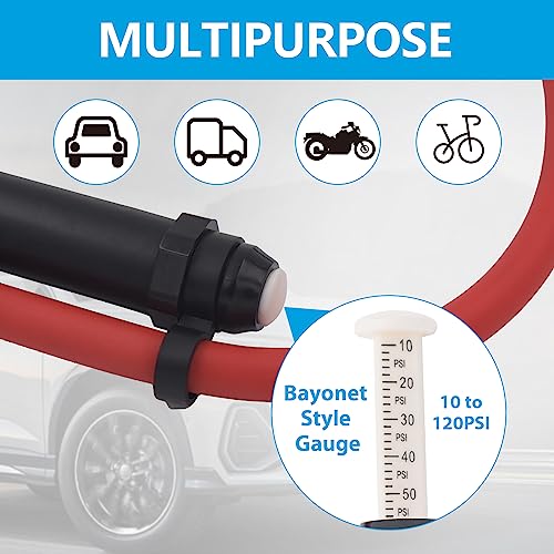 10-120 PSI Tire Inflator Gauge with Lock on Air Chuck and 12" Air Hose, Tire Air Pressure Gauge with Air Compressor Accessory for Car Truck Motorcycle Bike