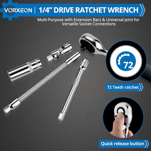 82-Piece 1/4" Drive Sockets with 72-Tooth Ratchet Wrench Set, Metric Shallow and Deep Sockets 4-14mm, 44 Bits, Flex Extension, Universal Joint, Storage Case - size: 82-PCS 1/4" Socket Ratchet Wrench Set