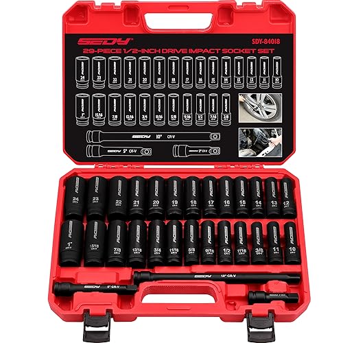 29-Piece 1/2" Drive Impact Socket Set, SAE (3/8 to 1 inch) and Metric (10-24mm) Sizes with Extension Bars Standard Deep Socket Set CR-V Material High Durability Impact Wrench - style: 1/2" | 29-Piece Standard & Deep