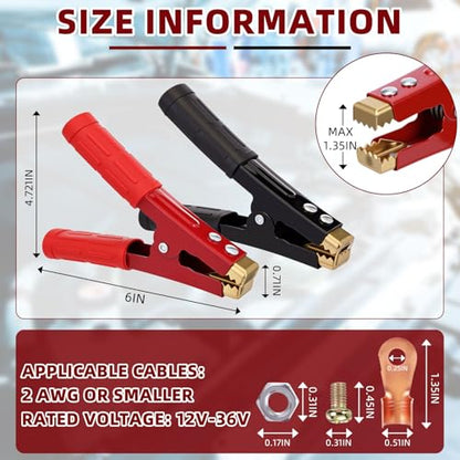 Kingdder 12 Pcs Battery Jumper Cable Clips Heavy Duty Car Battery Charger Clamps Pure Copper 500-1000a with Insulating Sheath Jumper Cable Ends for Cables All Kinds of Cars and Boats