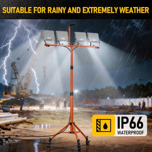 4-Head 32000LM LED Work Light with Stand & Wheel, 280W Tripod Light | 6500K, Adjustable Height, 360° rotation, IP66, Foldable, Individual Switch Light, Suitable to Job Site, Construction, Garage - color: Orange