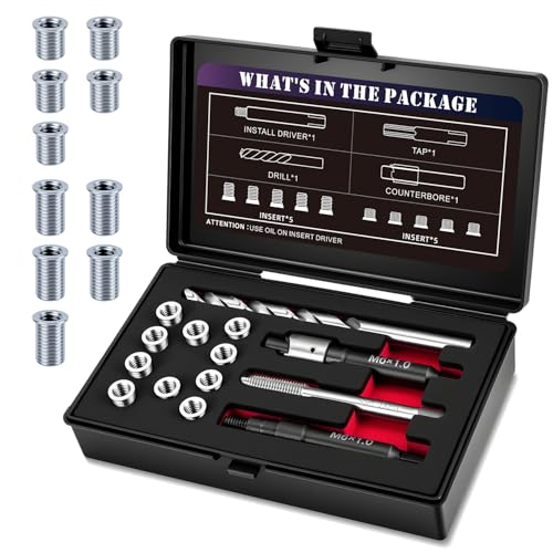 M6X1.0 Metric Thread Repair Kit with Insert HSS Drill, Tap, Installation Driver, Counterbore, Two Sizes Stainless Steel Insert 5PCS 9.4MM and 5PCS 12MM