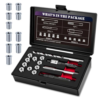 M6X1.0 Metric Thread Repair Kit with Insert HSS Drill, Tap, Installation Driver, Counterbore, Two Sizes Stainless Steel Insert 5PCS 9.4MM and 5PCS 12MM