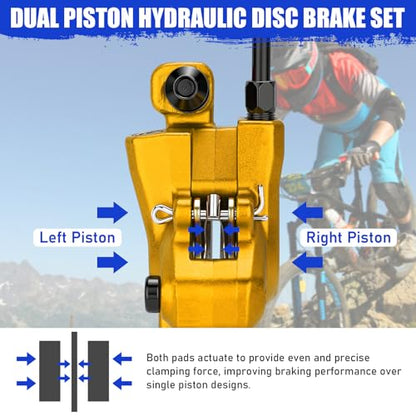 TOBWOLF Premium Gold MTB Hydraulic Disc Brake Set, Pre-Bled Dual Piston Aluminum Calipers & Levers with 160mm Rotors, Left Front 810MM & Right Rear 1470MM for Mountain Bike, E-Bike, Fat Bike - color: Gold Hydraulic Disc Brake Set - Dual Piston
