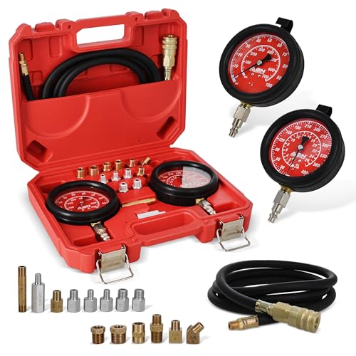 ABN Engine Oil Pressure Tester Tool Kit – Professional Oil Pressure Gauge Kit up to 400 PSI, High and Low Pressure Gauge Kit for Engine Diagnostic, Engine Oil Pressure Tool Kit | Engine Oil & Transmission Gauge Kit, Dual Gauges 0-100 & 0-400 PSI, 14 Adapt