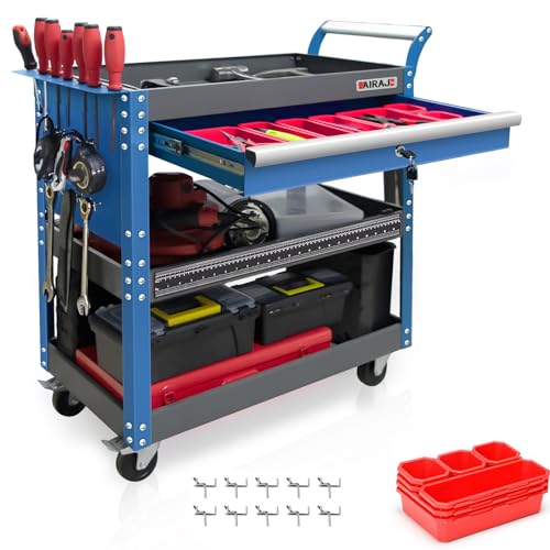 Tool Cart,440LBS Service Cart,4-Tier Tool Cart on Drawers,Hooks,Parts Box and Locking System for Warehouse,Garage,Workshop - size: Blue