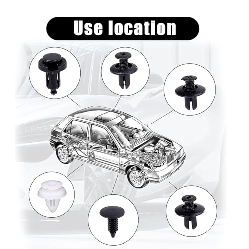 gunhunt 100 PCS Car Bumper Bolt Fastener Set, 6 Types of Door Panel Push Retainer Replacement HE26 with 6" Removal Tool, Bumper Push Retainer Clip Rivet Kit, Universal for Most Cars (White & Black)