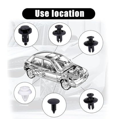gunhunt 100 PCS Car Bumper Bolt Fastener Set, 6 Types of Door Panel Push Retainer Replacement HE26 with 6" Removal Tool, Bumper Push Retainer Clip Rivet Kit, Universal for Most Cars (White & Black)