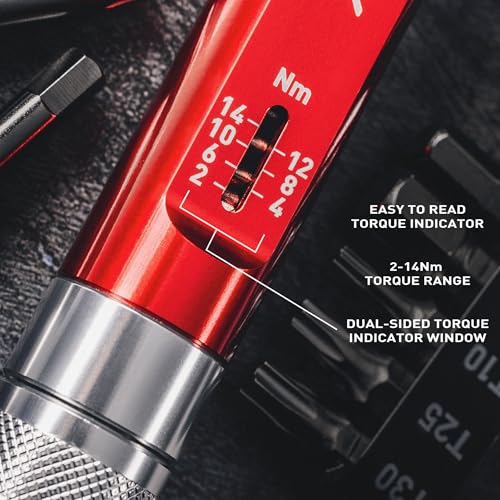 Feedback Sports | Range Click Torque Wrench Set | Adjustable Torque Ratchet Bit Driver [2-14Nm] | 13 S2 Steel Hex & Torx Bits | TPU Protective Carrying Case | Bicycle Tool Kit | Mini Torque Wrench