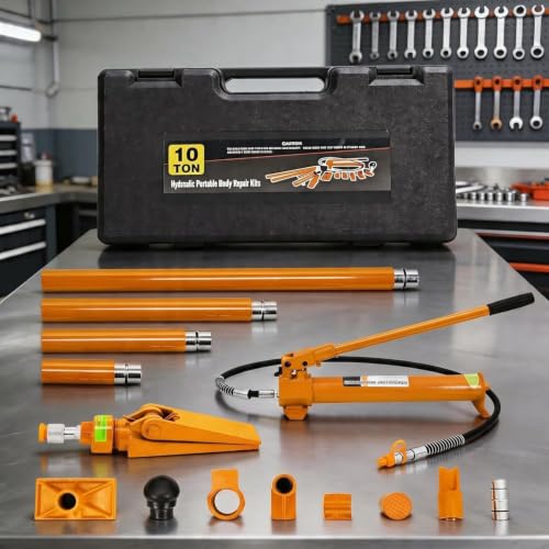 10 Ton Porta Power Hydraulic Jack Kit, Heavy Duty Frame Repair Tool Set with Pump, Attachments, 1.4m/4.6 ft Oil Hose, Portable for Car, Truck, Farm, Garage, with Plastic Carrying Case - color: Yellow, size: 10 Ton