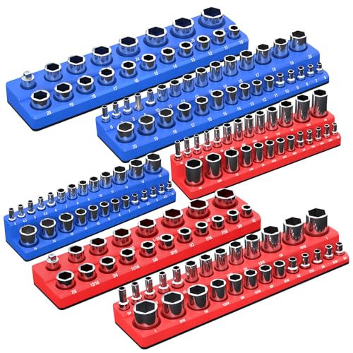 Magnetic Socket Organizer Set, 6-Piece Socket Holder Trays for 1/4" 3/8" 1/2" Drive, Holds up to 143 Sockets, Compatible with Metric and SAE Sizes (Blue & Red) - color: Red+Blue