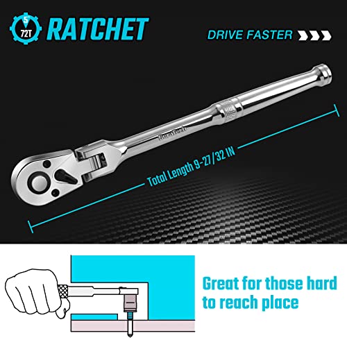 DURATECH 3/8" Drive Flex-Head Ratchet | 72-Tooth Ratchet Wrench, Quick-release, Reversible Switch, Full-Polished Chrome Plating, Alloy Steel - size: 3/8" Drive