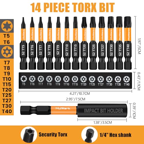 Mulwark 2" Torx Bits Set, 14 Pieces (T5–T40) – Premium S2 Steel Security Torx Socket Bits with Magnetic Holder, Ideal for Christmas Gifting - style: 2" Torx Bits 14 PCs