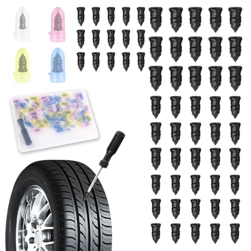 IHOTDER Upgraded 60PCS Car Screw Tire Plugs Kit,Self-Service Tire Repair Rubber Nail Kit with Screwdriver & 4 Sizes of Tires Repair Screws,Professional Car Tires Plugs Screw Type - color: 4 Size/60PCS