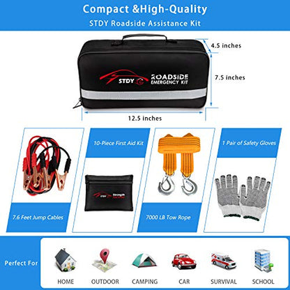 STDY Car Roadside Emergency Kit, Vehicle Truck Safety Road Side Assistance Kits Auto Accessory, with Jumper Cables, Tow Rope, Reflective Triangle, Tire Pressure Gauge, etc - size: Essential Kit
