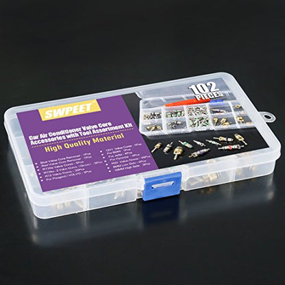 Swpeet 41Pcs R12 / R134a AC Master Valve Core Repair Kit, Including Assortment R12 R134a Valve Core Refrigeration Tire Stem with Remover Tool for Most Cars