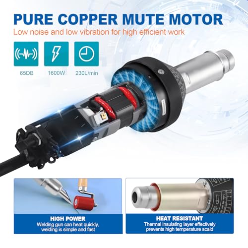 1600W Plastic Welder Kit Hot Air Gun – Adjustable Temperature 40–650°C – for Bumper, Tarpaulin, Kayak, Vinyl Floor Repair – Includes PE/PVC Welding Rods, Nozzles & Brush - size: 1600W w/ 2 extra accessories