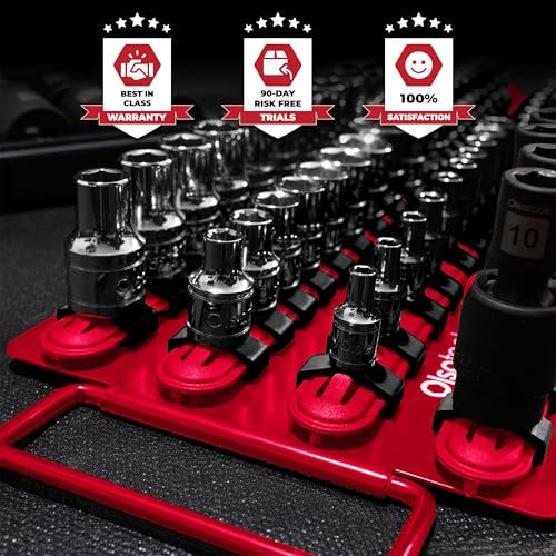 Olsa Tools Socket Organizer Tray - Portable Red Rail with Black Clips - Stores 80 Sockets Securely - Professional-Grade Socket Holder - Part 1047 - color: Red Tray/Black Clips