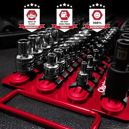 Olsa Tools Socket Organizer Tray - Portable Red Rail with Black Clips - Stores 80 Sockets Securely - Professional-Grade Socket Holder - Part 1047 - color: Red Tray/Black Clips