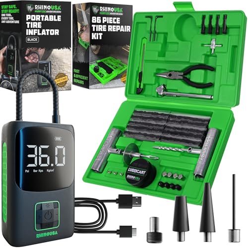 Rhino USA Tire Emergency Kit - Portable 150 PSI Air Compressor & 86-Piece Heavy Duty Repair Plug Kit, Essential Roadside Fix & Inflator for Car, Truck, ATV, RV