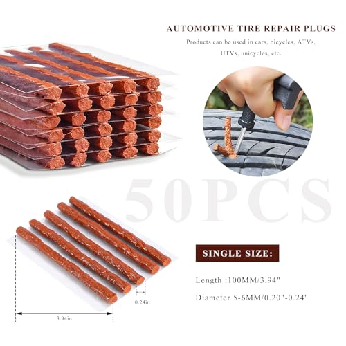 50 PCS Tire Repair Strings, 4" × 1/4" Auto Tire Plug Insert String Self Vulcanizing Strips Kit, Heavy Duty Rubber Repair Plugs for Car Truck Motorcycle Tubeless Tires - color: 50 PCS