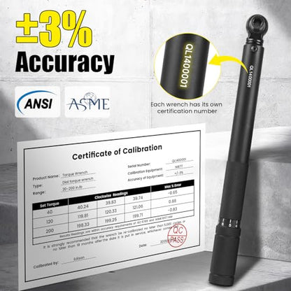 1/4 Inch Drive Torque Wrench, Inch Pound Torque Wrench 20-200 in.lb Precision Bike Torque Wrench with 72-Tooth Reversible Ratchet, Calibration Certificate