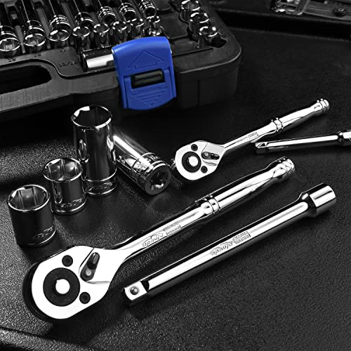 EPAuto 69 Pieces 1/4-Inch & 3/8-Inch Drive Socket Set, Pear Head Ratchet | Chrome (92-824) - size: 69 Pieces