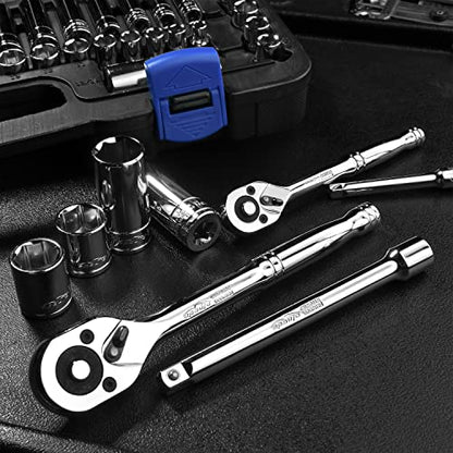 EPAuto 69 Pieces 1/4-Inch & 3/8-Inch Drive Socket Set, Pear Head Ratchet | Chrome (92-824) - size: 69 Pieces