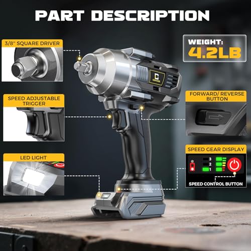 Cerycose Cordless Impact Wrench Compatible with Dewalt 20V Battery, 3/8" 600Ft-lbs (800N·m), Brushless Electric Impact Driver, 2400 RPM, LED Light – Compact, Light-Duty(No Battery) - color: Grey (600 Ft-lbs)