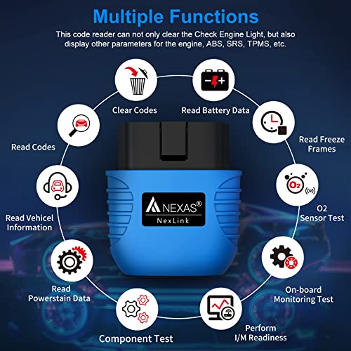 NEXAS NexLINK Bluetooth OBD2 Scanner for Car - Check Engine Light Code Reader with Live Data & Performance Test, Wireless Diagnostic Scan Tool with Resets for All US Vehicles, Works with iOS Android - size: obd2 scanner